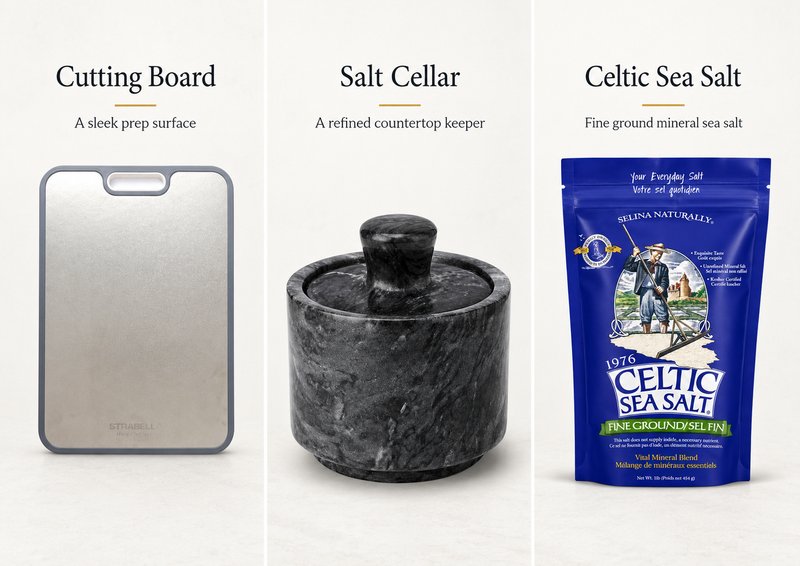 Bundle components — cutting board, marble salt cellar, Celtic Sea Salt