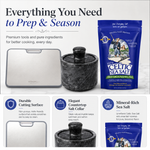 Everything you need to prep and season — durable cutting surface, elegant marble salt cellar, mineral-rich Celtic Sea Salt