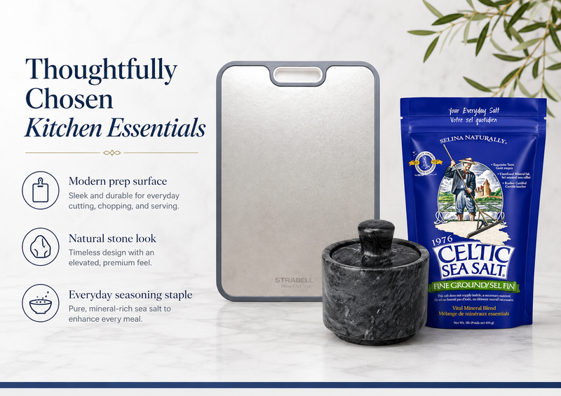 Thoughtfully chosen kitchen essentials — modern prep surface, natural stone look, everyday seasoning staple