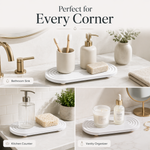 Perfect for every corner — diatomaceous stone tray styled in bathroom sink, kitchen counter, and vanity organizer