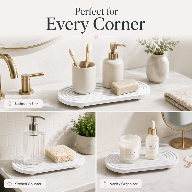 Perfect for every corner — diatomaceous stone tray styled in bathroom sink, kitchen counter, and vanity organizer