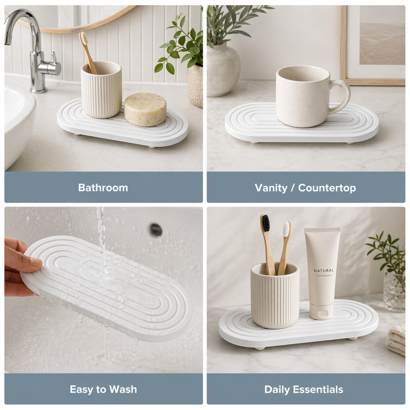 Use cases — bathroom, vanity countertop, easy to wash, daily essentials on diatomaceous stone tray