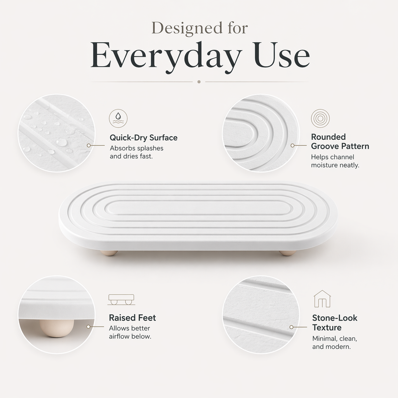 Designed for everyday use — quick-dry surface, rounded groove pattern, raised feet, stone-look texture