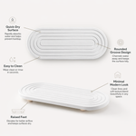 Feature callouts — quick-dry surface, rounded groove design, easy to clean, minimal modern look, raised feet