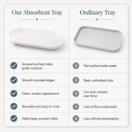 Comparison — our absorbent diatomaceous tray vs ordinary tray (grooved surface, smooth rounded edges, reusable, refined presentation)