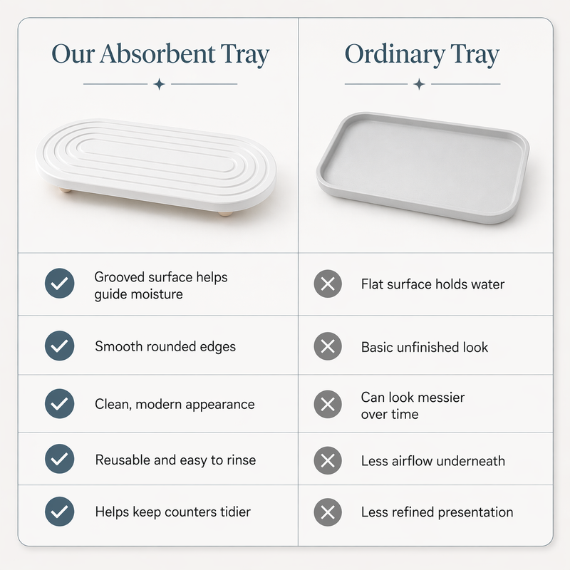 Comparison — our absorbent diatomaceous tray vs ordinary tray (grooved surface, smooth rounded edges, reusable, refined presentation)