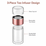 Three-piece tea infuser design: glass lid, removable infuser, double-wall glass bottle