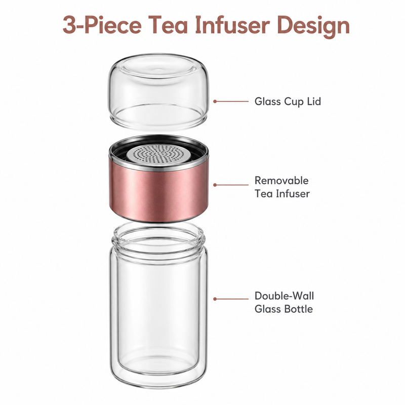Three-piece tea infuser design: glass lid, removable infuser, double-wall glass bottle