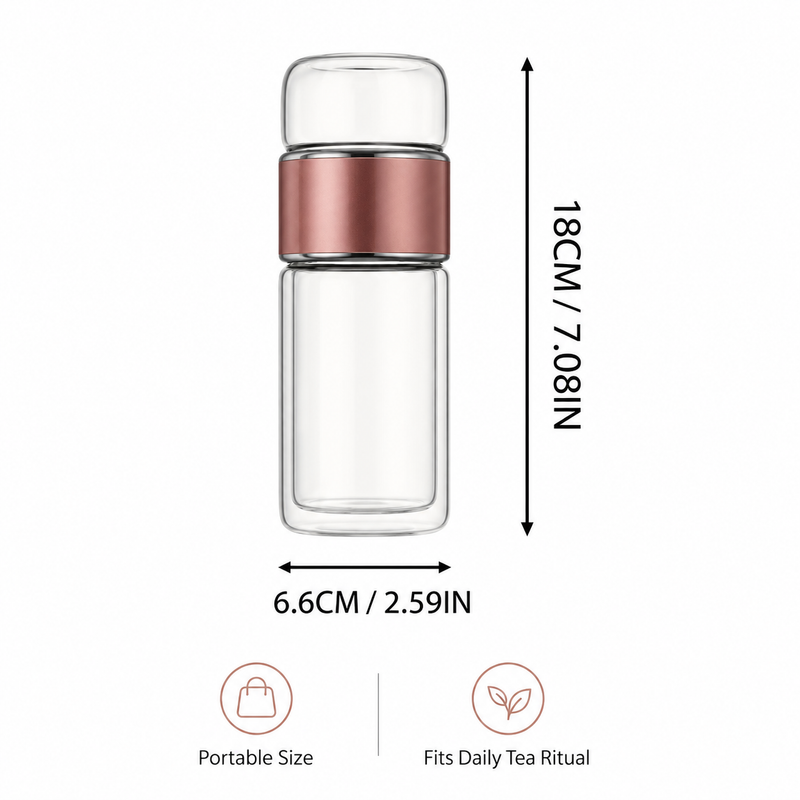 Double-wall glass tea tumbler size: 18 cm tall and 6.6 cm wide, portable