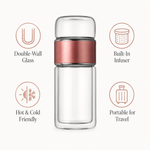 Glass tea tumbler features: double-wall glass, built-in infuser, hot and cold friendly, portable for travel