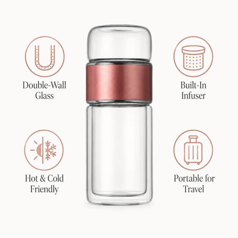 Glass tea tumbler features: double-wall glass, built-in infuser, hot and cold friendly, portable for travel