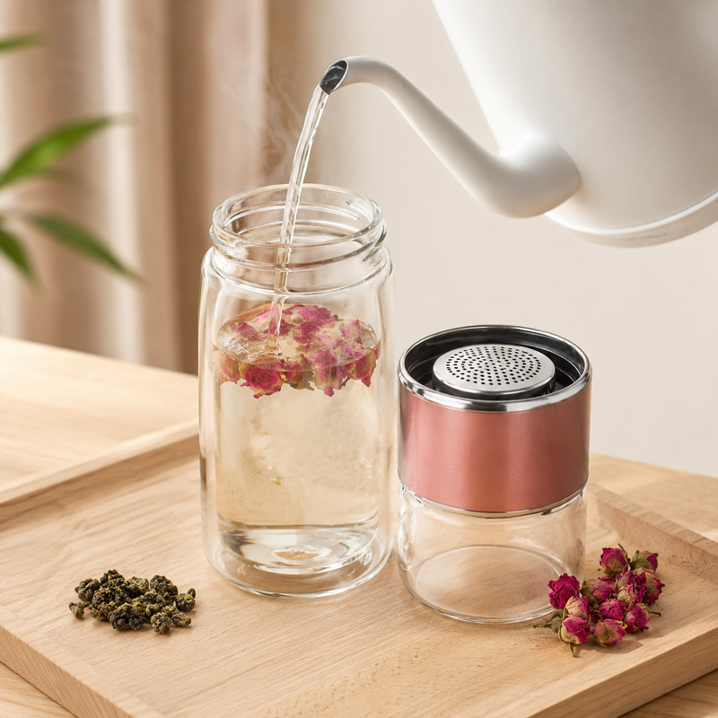 Double-wall glass tea tumbler brewing loose-leaf rose tea with removable rose-gold infuser