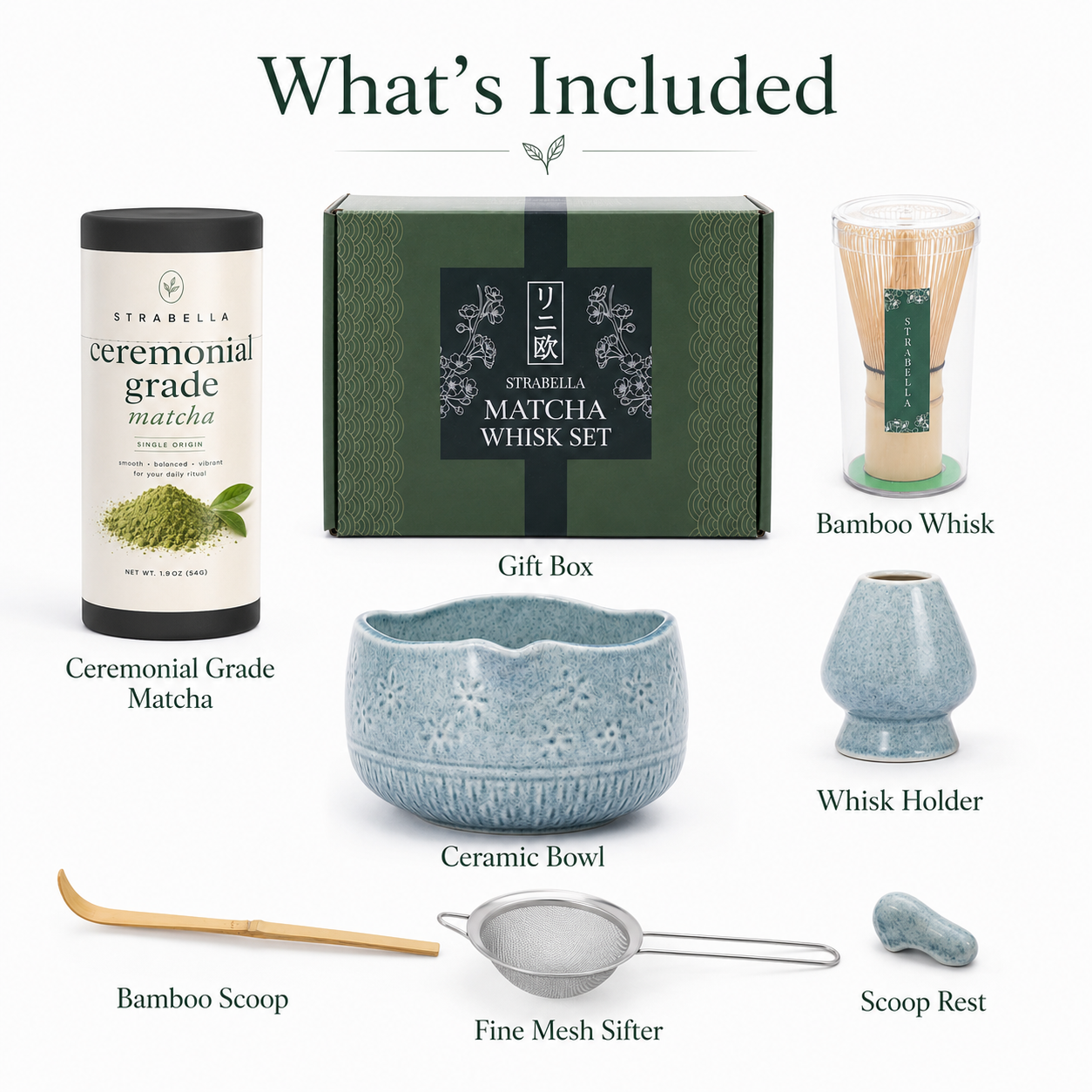 Blue ceramic matcha bowl chawan with bamboo whisk holder and ceremonial grade matcha tin on linen mat