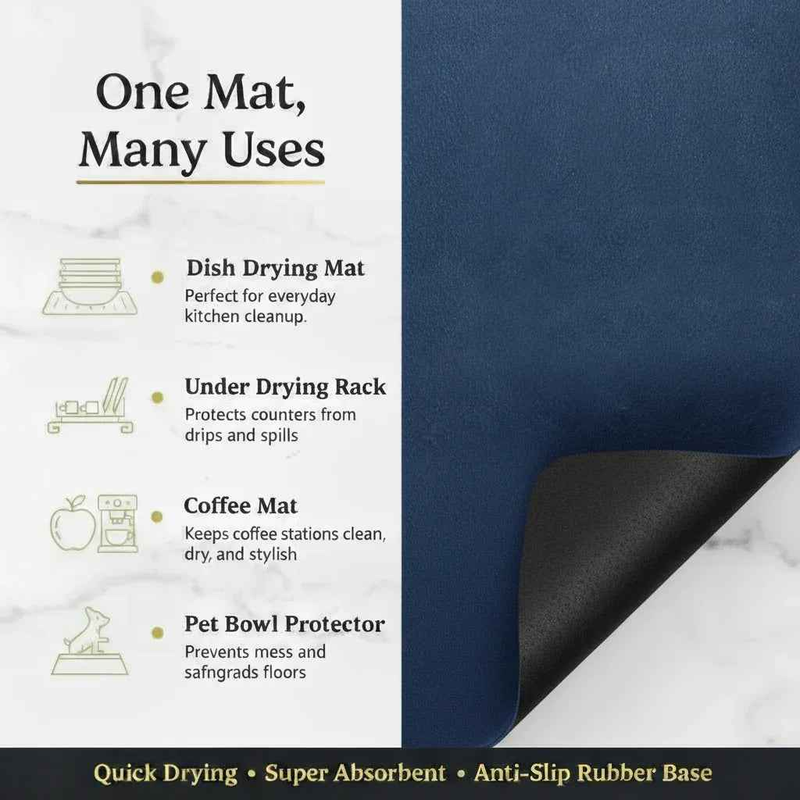 Strabella Dish Drying Mat - Super Absorbent, Quick Dry, Non-Slip in Navy Blue - Strabella Home