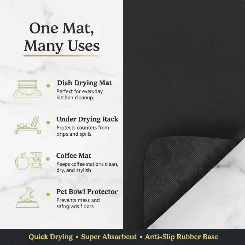 Strabella Dish Drying Mat - Super Absorbent, Quick Dry, Non-Slip in Black - Strabella Home