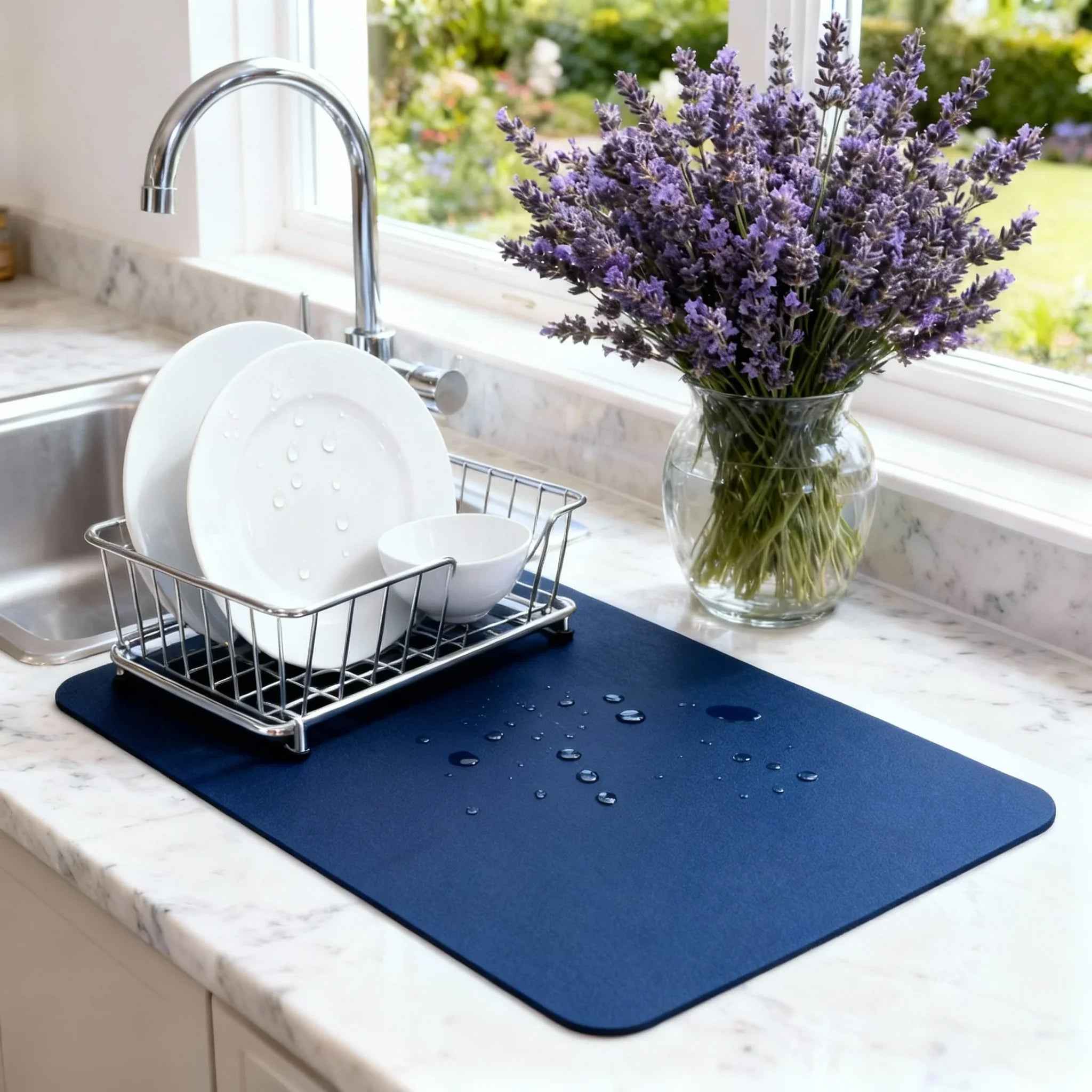 Strabella Dish Drying Mat - Super Absorbent, Quick Dry, Non-Slip in Navy Blue - Strabella Home