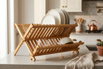 Bamboo Dish Drying Rack — 2-Tier Collapsible Wooden Drainer