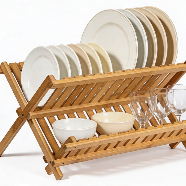 Bamboo Dish Drying Rack — 2-Tier Collapsible Wooden Drainer