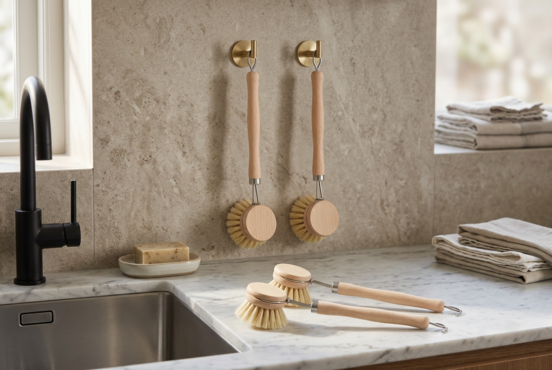 Set of 4 Kitchen Scrub Brushes Featuring Beechwood Handles, Designed for Cleaning Dishes with Natural Fiber Bristles. Includes 2-Inch Replacement Brush Heads Suitable for Pots, Pans, And Utensils