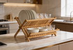 Bamboo Dish Drying Rack — 2-Tier Collapsible Wooden Drainer