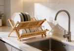 Bamboo Dish Drying Rack — 2-Tier Collapsible Wooden Drainer
