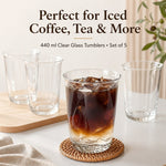 Pouring iced matcha into fluted glass cup — vertical ridge detail