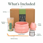 What's included in the pink Strabella Hojicha Set: gift box, bamboo whisk, ceramic bowl, bamboo scoop, whisk holder and hojicha powder tin