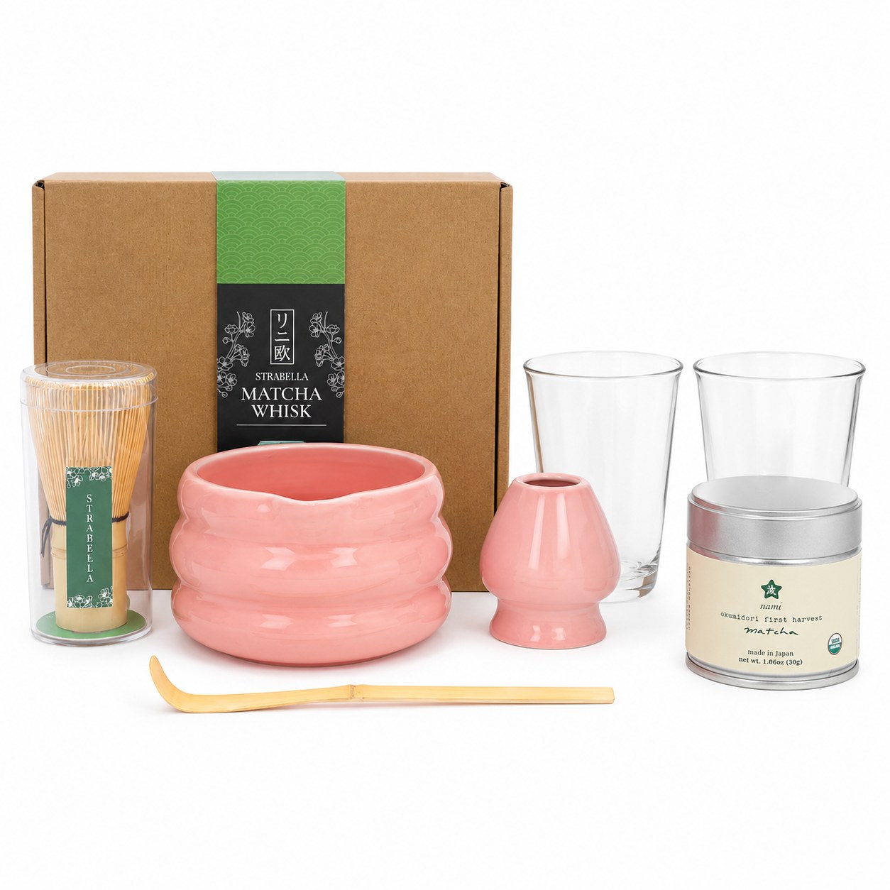 Iced Matcha Bundle — Matcha Whisk Set in kraft gift box, pink ceramic bowl, bamboo whisk, scoop, holder, 2 glass cups, premium matcha tin