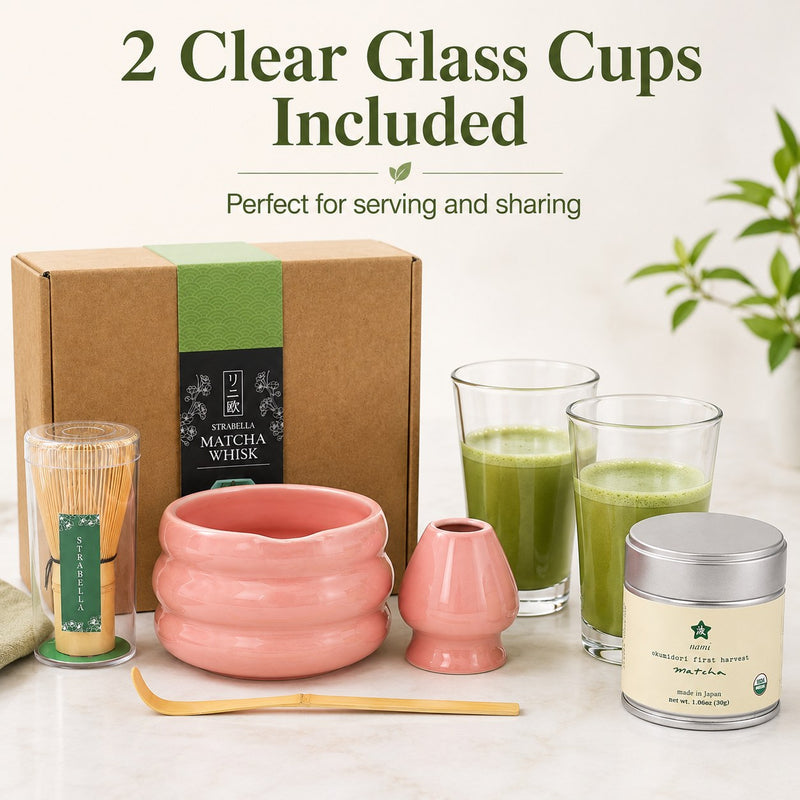 2 clear glass cups included — perfect for serving and sharing matcha
