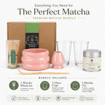 Bundle includes — 1 Matcha Whisk Set, 2 glass cups, 1 matcha tin (30g)