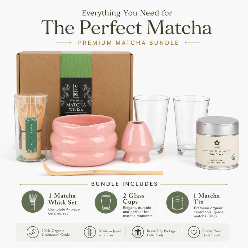 Bundle includes — 1 Matcha Whisk Set, 2 glass cups, 1 matcha tin (30g)