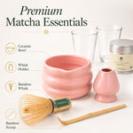 Premium matcha essentials — ceramic bowl, whisk holder, bamboo whisk, bamboo scoop, 2 glasses, matcha tin