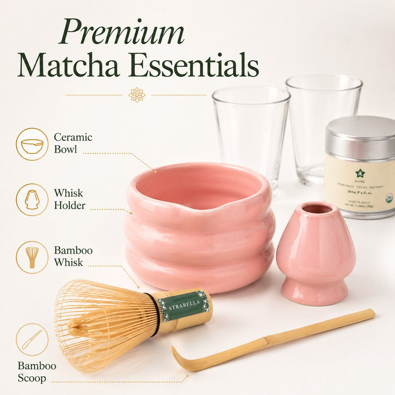 Premium matcha essentials — ceramic bowl, whisk holder, bamboo whisk, bamboo scoop, 2 glasses, matcha tin