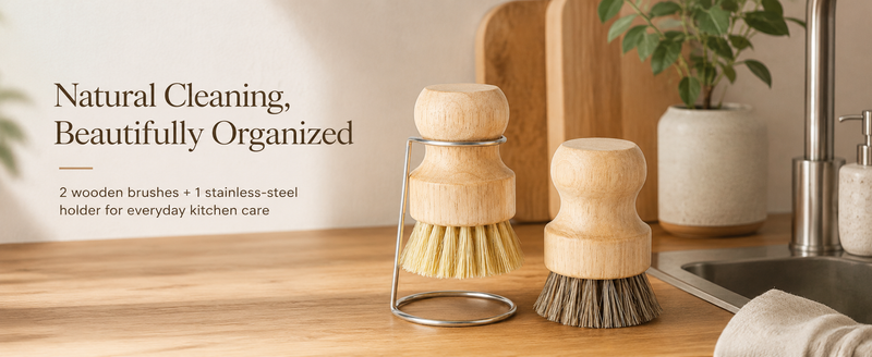 Natural cleaning, beautifully organized — two wooden brushes and one stainless holder for everyday kitchen care