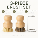 3-Piece Brush Set — sisal brush, coconut palm brush, stainless steel holder with natural rubber wood handles