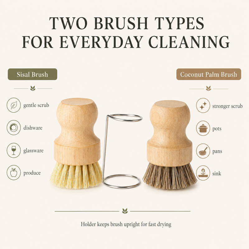 Two brush types for everyday cleaning — sisal for gentle scrub on dishes and glassware, coconut palm for pots and pans