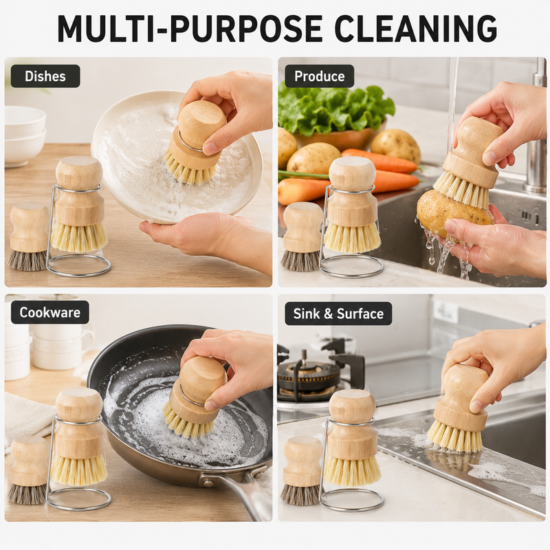 Multi-purpose cleaning — dishes, produce, cookware, and sink with the Strabella natural brush set