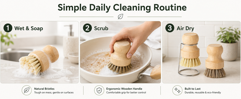 Simple daily cleaning routine — wet and soap, scrub, air-dry with the Strabella natural brush set