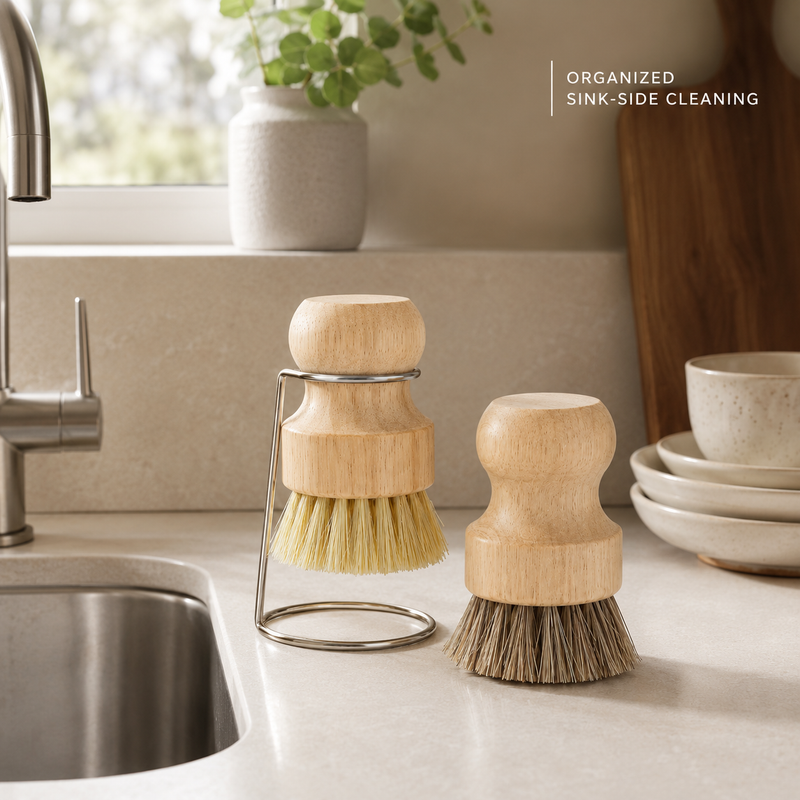 Organized sink-side cleaning — Strabella brush set on a kitchen counter beside the sink