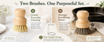 Two brushes one purposeful set — gentle everyday cleaning sisal and stronger scrubbing coconut palm with neat upright storage