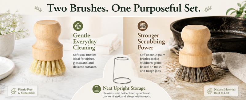 Two brushes one purposeful set — gentle everyday cleaning sisal and stronger scrubbing coconut palm with neat upright storage