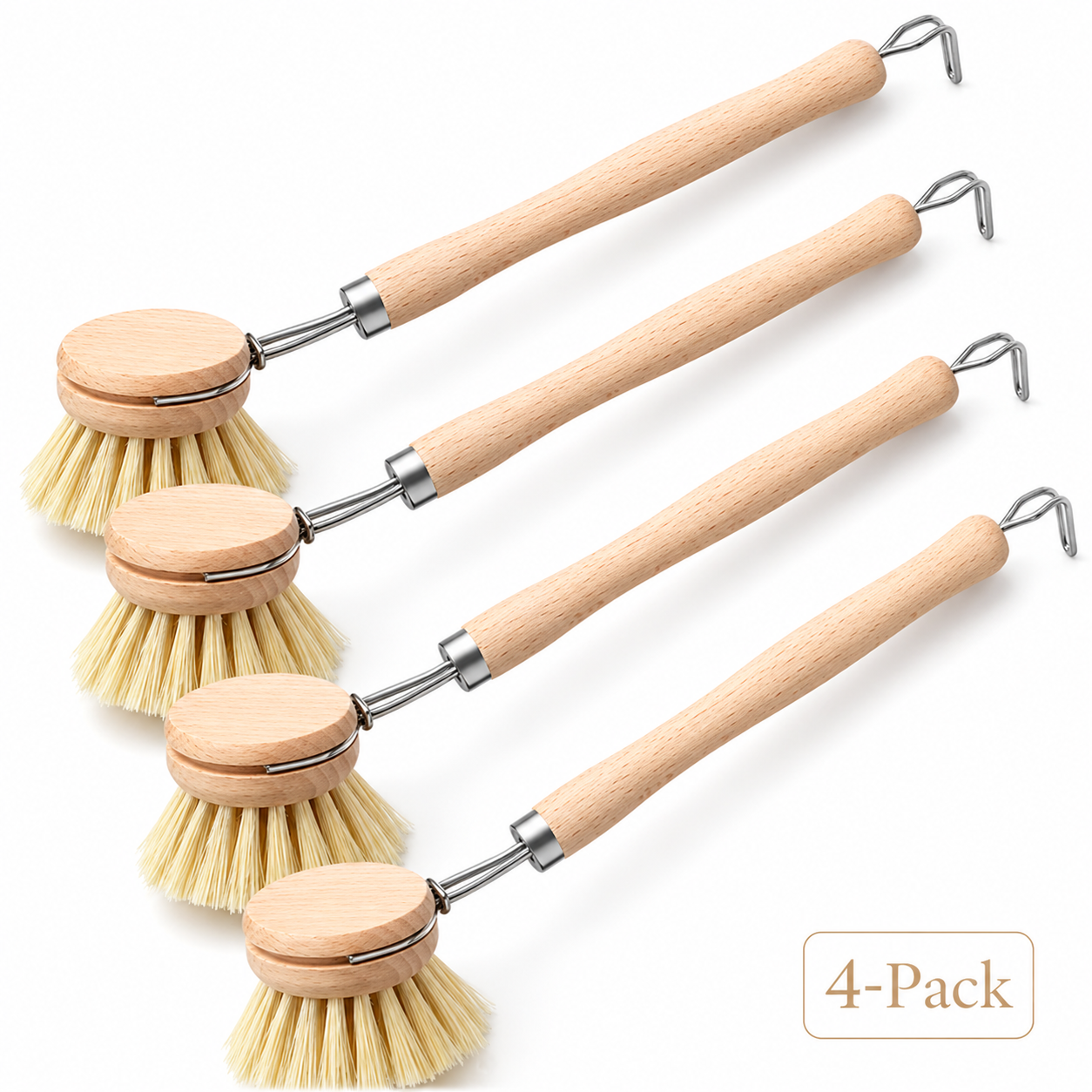 Set of 4 kitchen scrub brushes with beechwood handles and natural fiber bristles