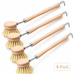 Set of 4 kitchen scrub brushes with beechwood handles and natural fiber bristles