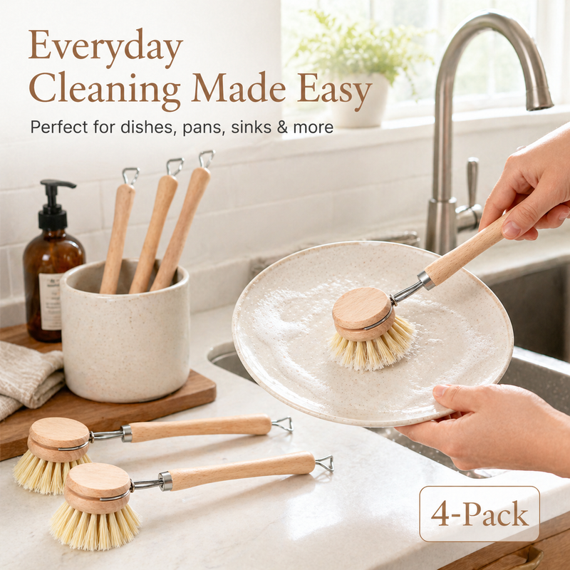 Beechwood dish brush cleaning a plate at a kitchen sink