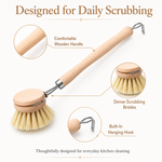 Close-up of beechwood handle, dense natural bristles, and stainless hanging hook