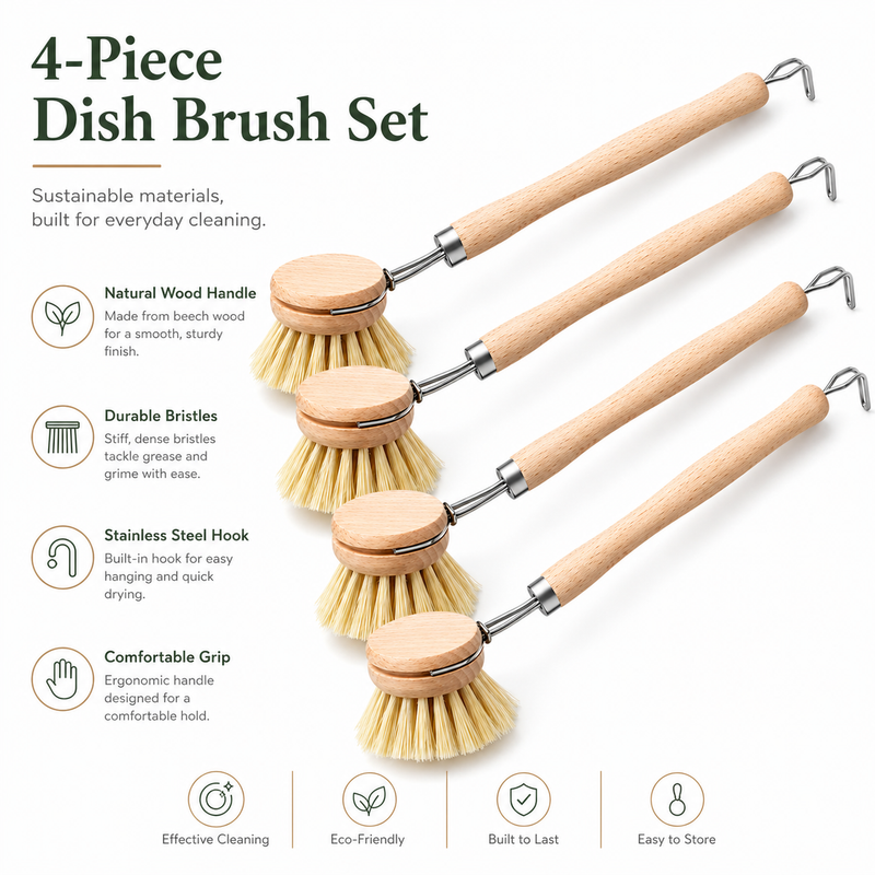 Kitchen scrub brush features: natural wood handle, durable bristles, stainless hook, comfortable grip
