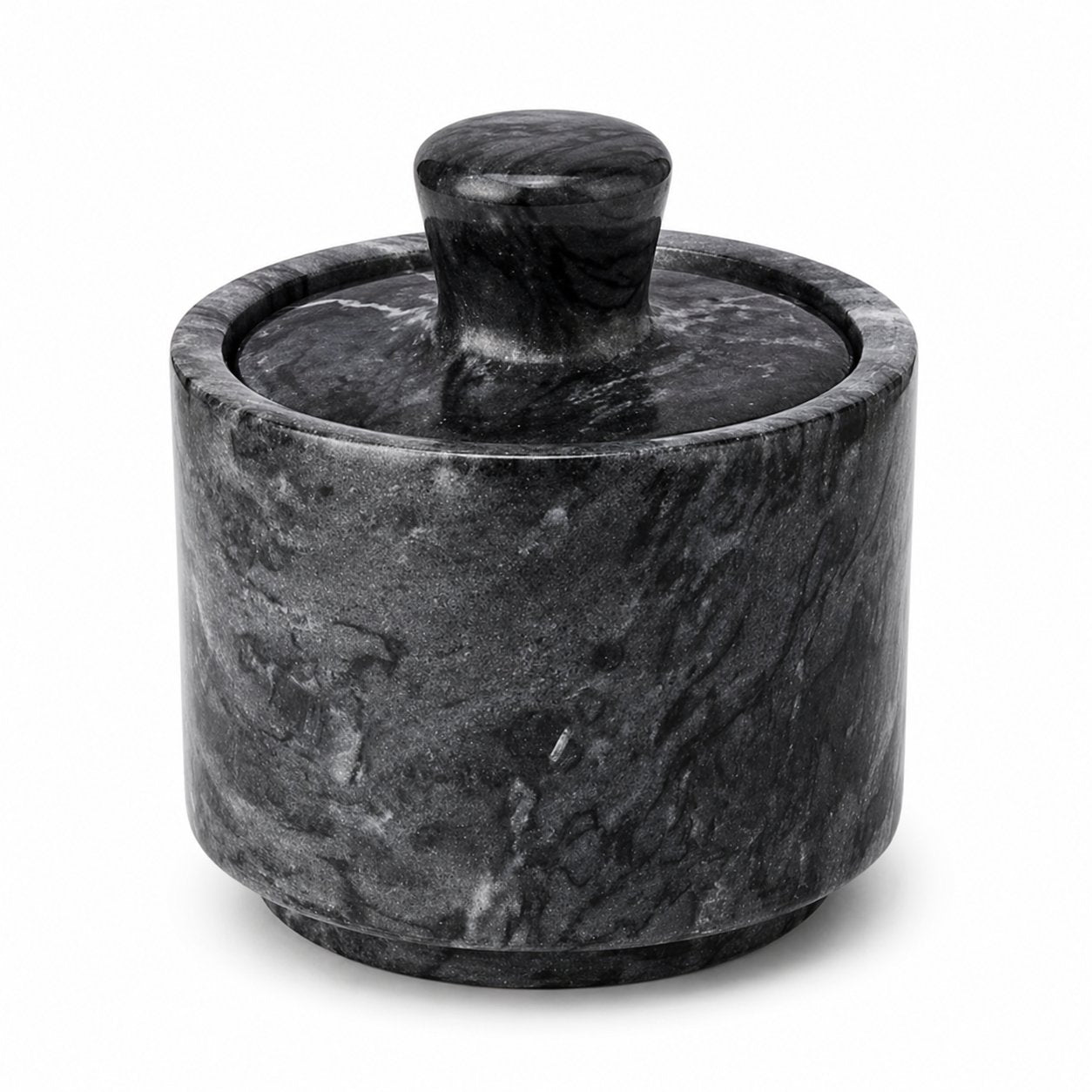 Wave Gray marble salt cellar with lid — hand-carved, hero shot