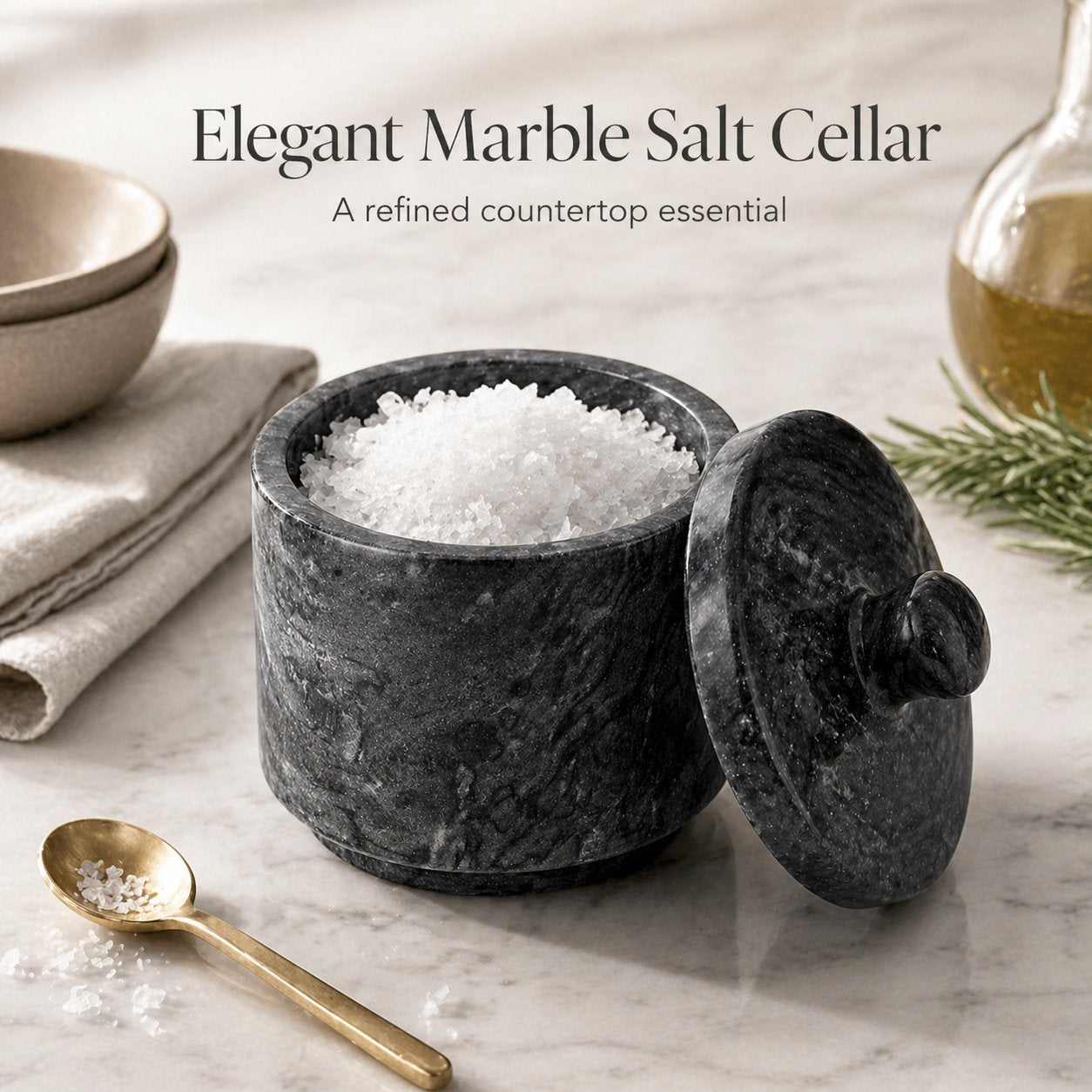 Wave Gray marble salt cellar lid detail — hand-fit closure