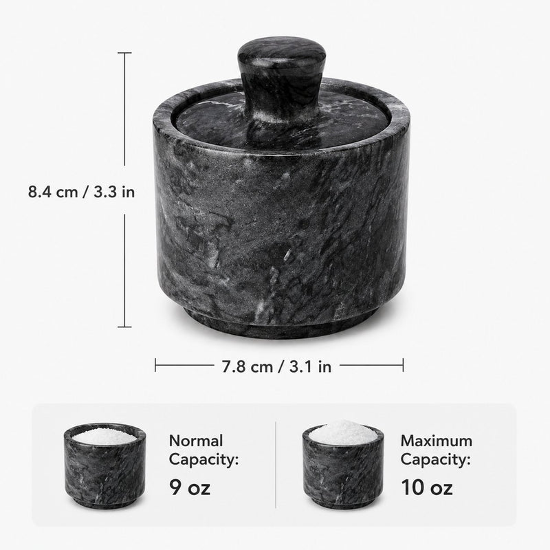 Wave Gray marble salt cellar in use — by the stove, Strabella