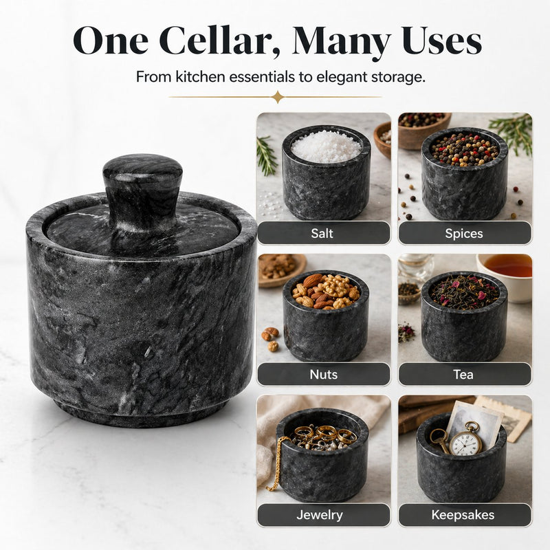 Wave Gray marble salt cellar on counter — Strabella kitchen Newport Beach